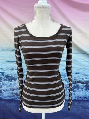 Tommy Hilfiger Brown Long-Sleeve Scoop Neck Striped Top